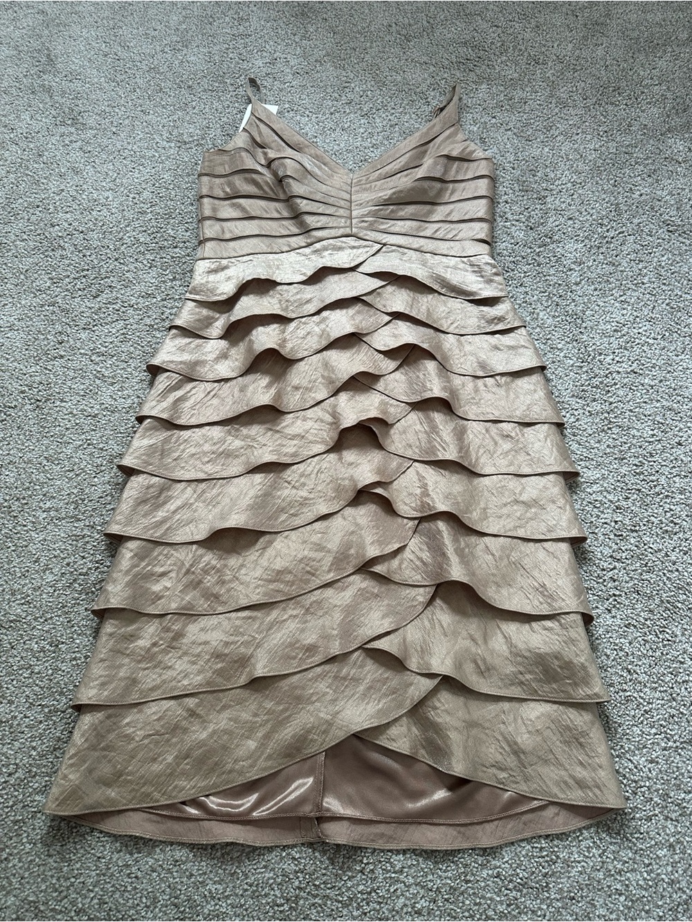 Adrianna Papell Champagne Gold Tiered Ruffle Satin Cocktail Dress M
